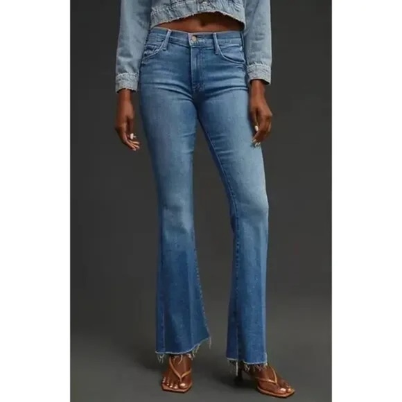 MOTHER The Weekender Fray Blue Flared Jeans Meet Cute Raw Hem Boot - Picture 1 of 16